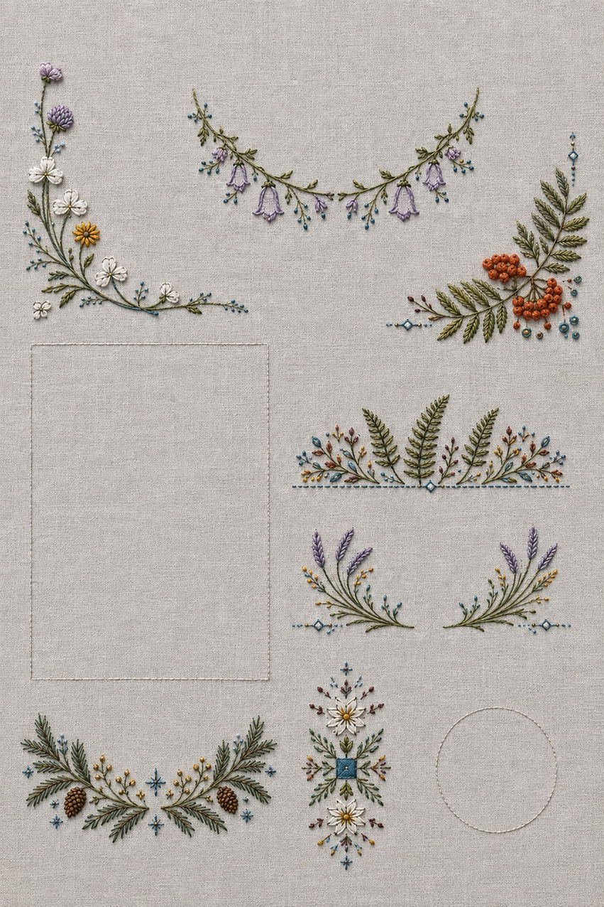 Illustrative embroidery design: Eight separate Nordic placement studies share one ordered design sheet.