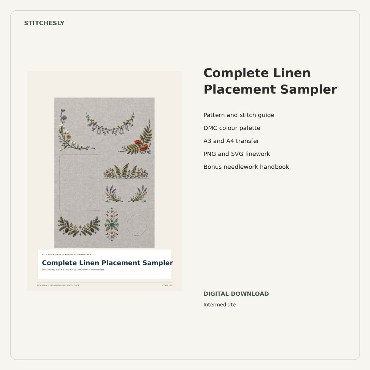 Complete Linen Placement Sampler PDF stitch guide cover, pattern files and bonus needlework handbook.