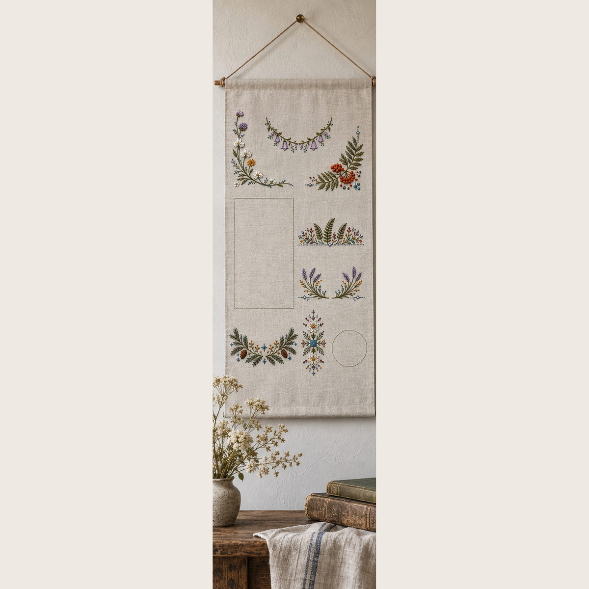 Linen placement sampler mockup featuring the Complete Linen Placement Sampler hand embroidery design. Eight separate Nordic placement studies share one ordered design sheet.