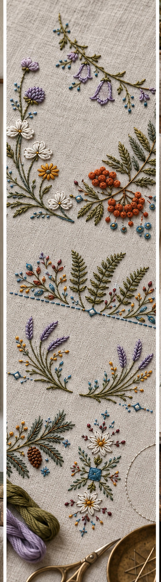 Linen sampler close view mockup featuring the Complete Linen Placement Sampler hand embroidery design. Eight separate Nordic placement studies share one ordered design sheet.