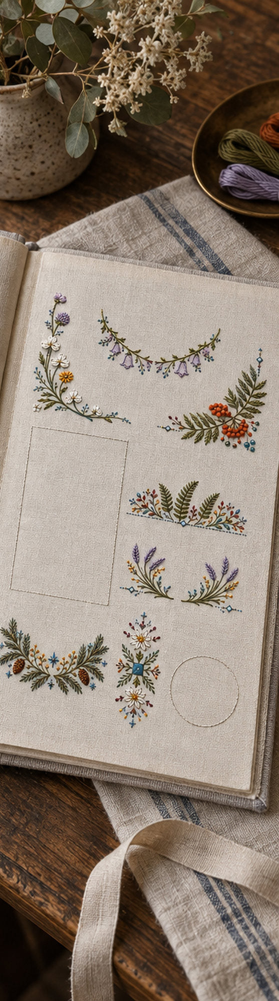 Linen textile sampler mockup featuring the Complete Linen Placement Sampler hand embroidery design. Eight separate Nordic placement studies share one ordered design sheet.