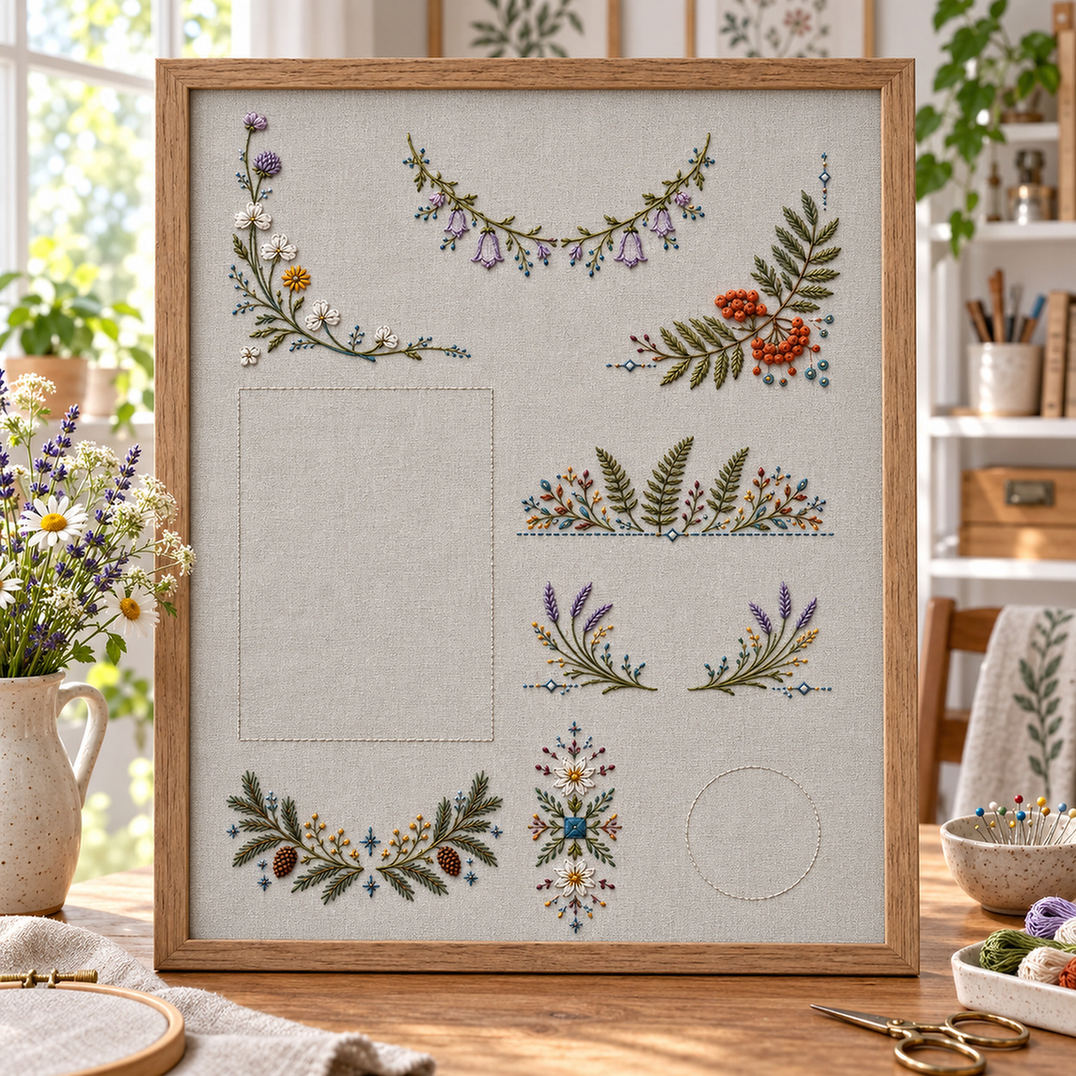 Framed linen sampler mockup featuring the Complete Linen Placement Sampler hand embroidery design. Eight separate Nordic placement studies share one ordered design sheet.