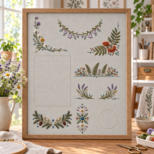 Framed linen sampler mockup featuring the Complete Linen Placement Sampler hand embroidery design. Eight separate Nordic placement studies share one ordered design sheet.