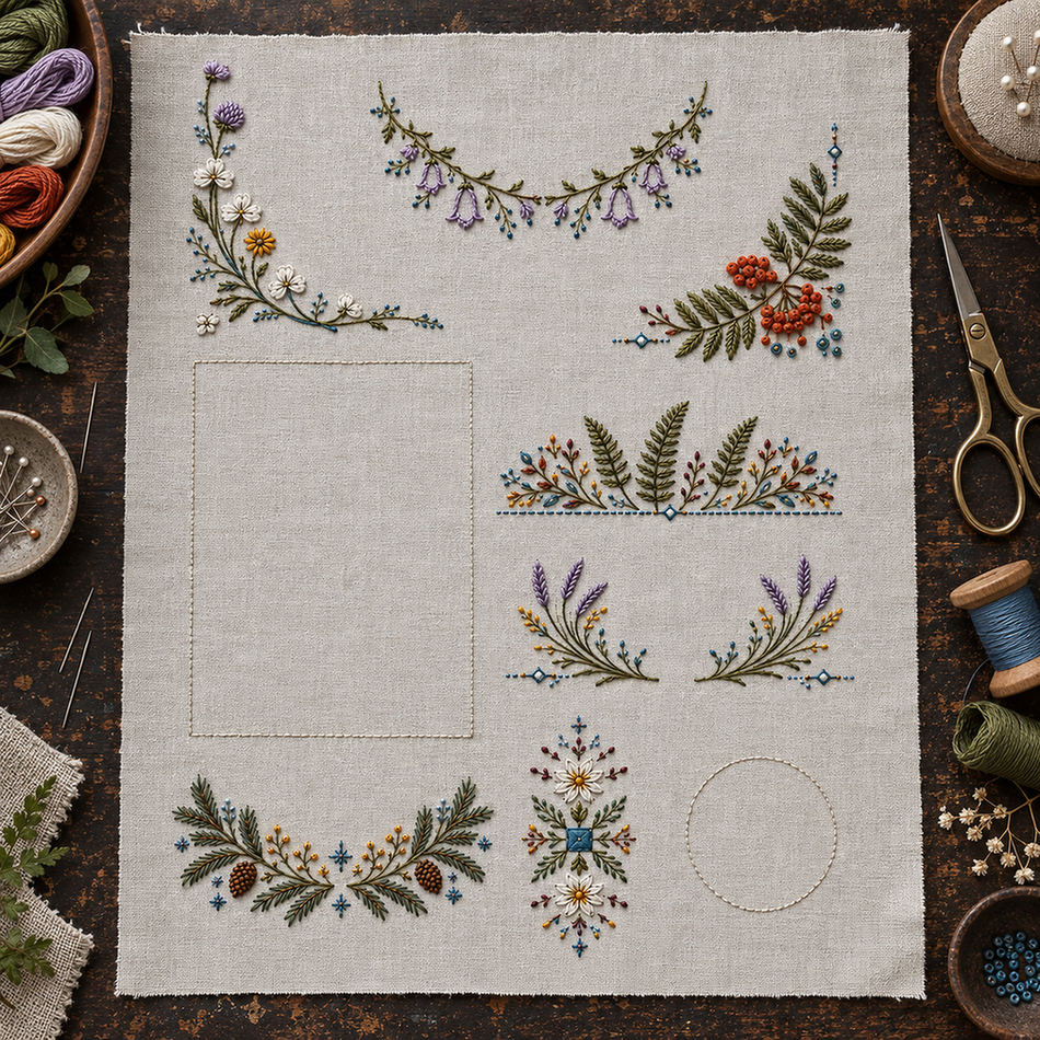 Hanging linen sampler mockup featuring the Complete Linen Placement Sampler hand embroidery design. Eight separate Nordic placement studies share one ordered design sheet.
