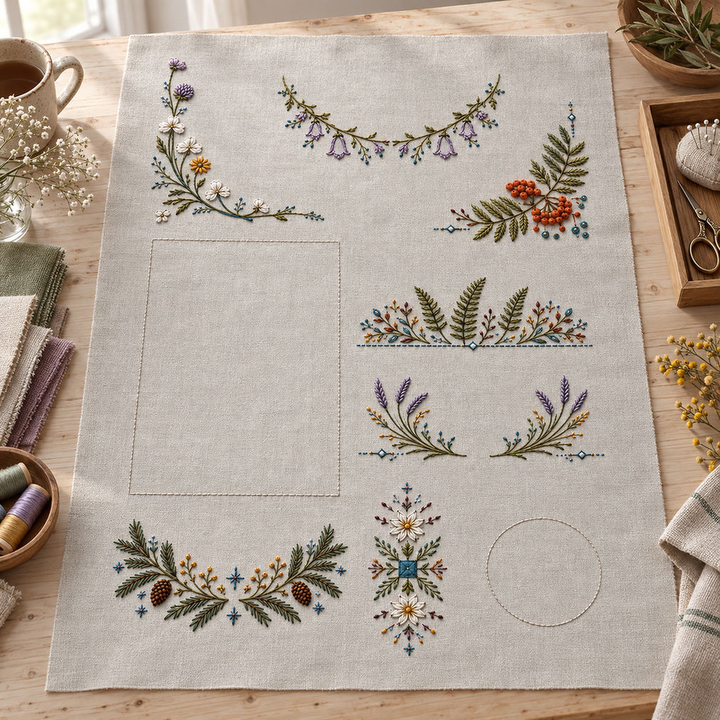 Linen apron mockup featuring the Complete Linen Placement Sampler hand embroidery design. Eight separate Nordic placement studies share one ordered design sheet.