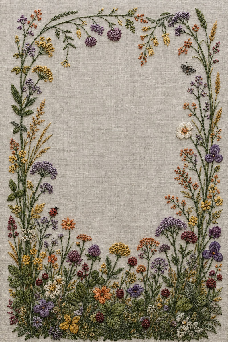 Illustrative embroidery design: A fuller meadow grows along the bottom of a frame, with climbing side stems and a lighter upper border.