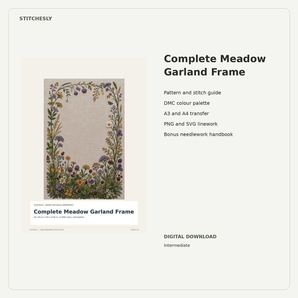Complete Meadow Garland Frame PDF stitch guide cover, pattern files and bonus needlework handbook.