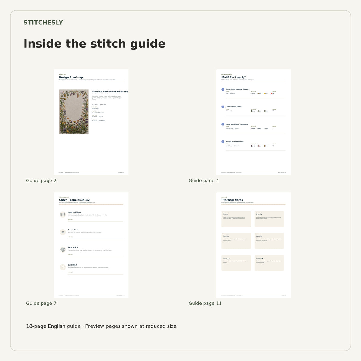 Four reduced-size preview pages from the 18-page Complete Meadow Garland Frame stitch guide.