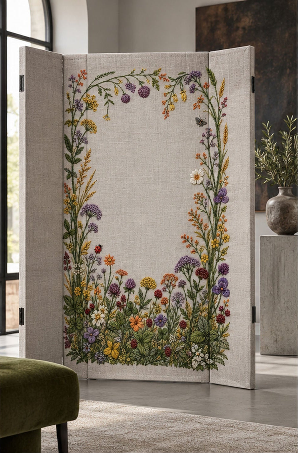 Hanging floral frame mockup featuring the Complete Meadow Garland Frame hand embroidery design. A fuller meadow grows along the bottom of a frame, with climbing side stems and a lighter upper border.
