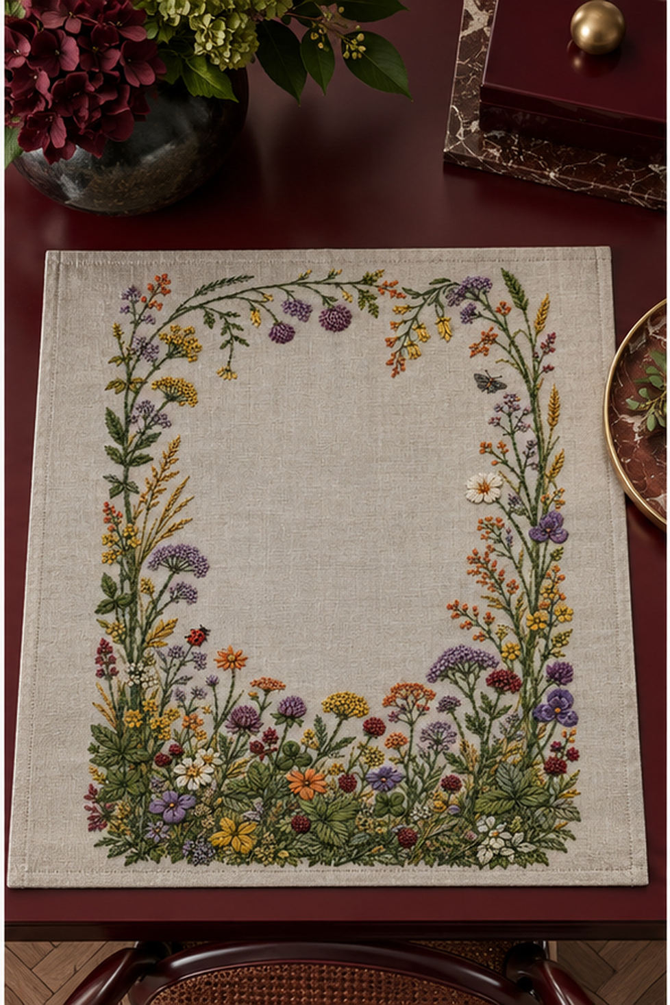 Framed linen panel mockup featuring the Complete Meadow Garland Frame hand embroidery design. A fuller meadow grows along the bottom of a frame, with climbing side stems and a lighter upper border.