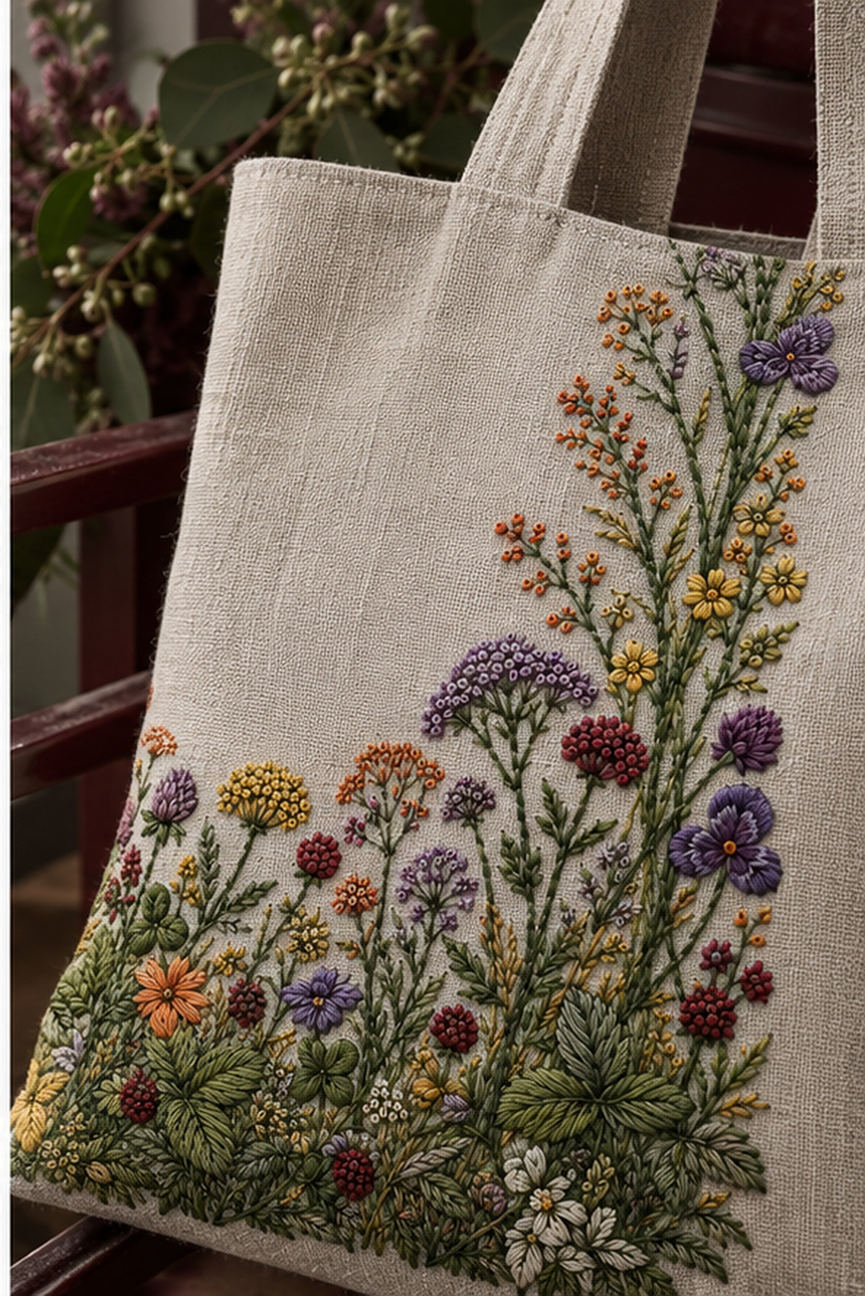 Linen tote bag mockup featuring the Complete Meadow Garland Frame hand embroidery design. A fuller meadow grows along the bottom of a frame, with climbing side stems and a lighter upper border.