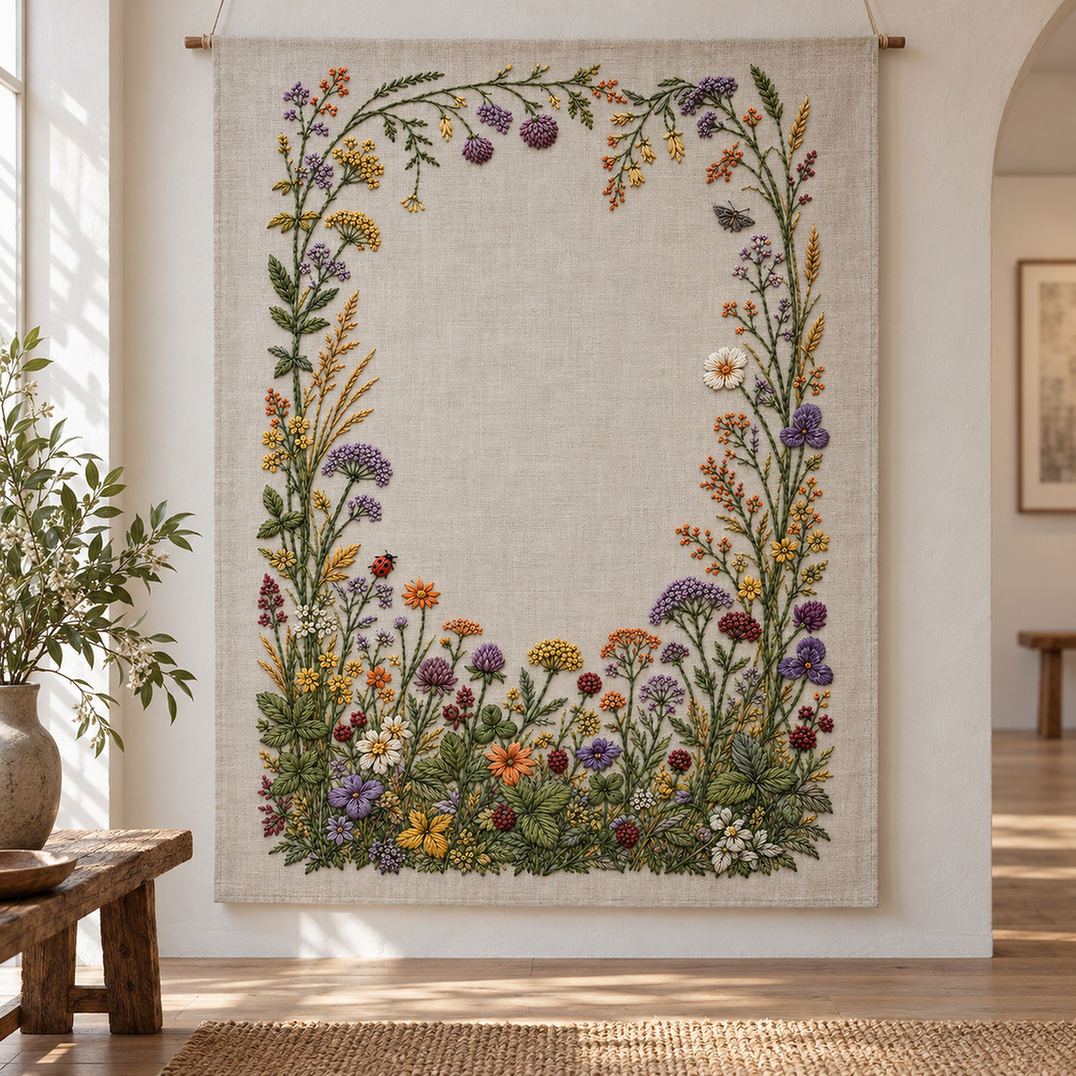 Framed botanical textile mockup featuring the Complete Meadow Garland Frame hand embroidery design. A fuller meadow grows along the bottom of a frame, with climbing side stems and a lighter upper border.