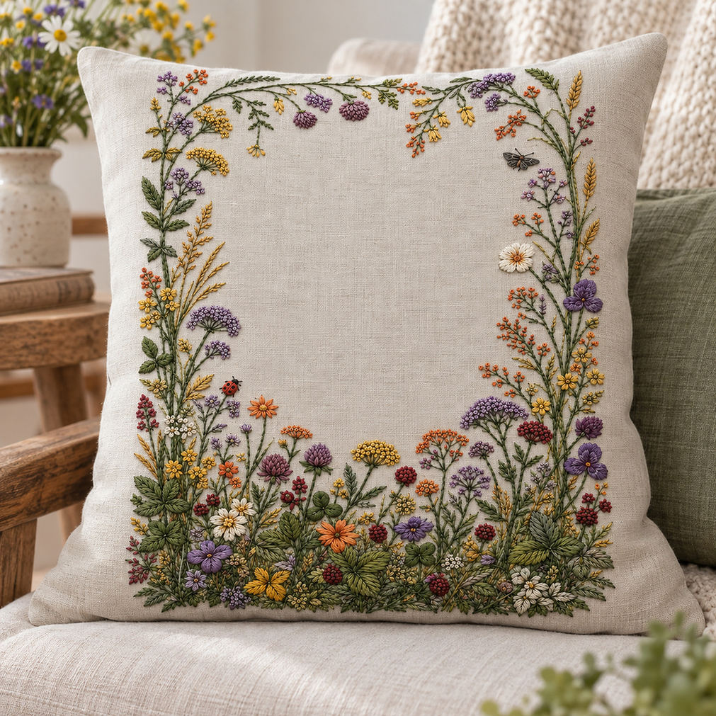 Linen cushion mockup featuring the Complete Meadow Garland Frame hand embroidery design. A fuller meadow grows along the bottom of a frame, with climbing side stems and a lighter upper border.