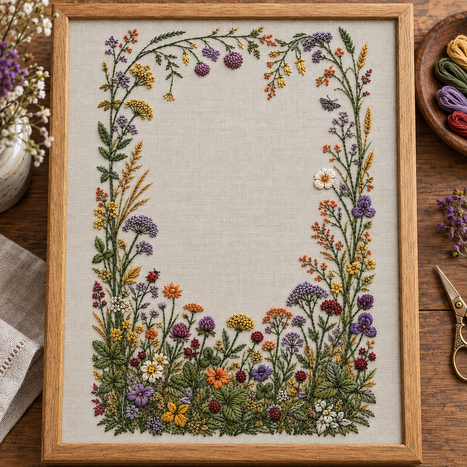 Framed floral textile mockup featuring the Complete Meadow Garland Frame hand embroidery design. A fuller meadow grows along the bottom of a frame, with climbing side stems and a lighter upper border.