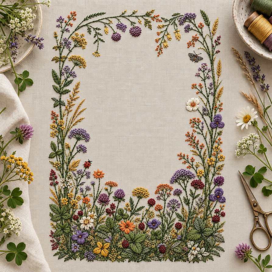 Close view of the meadow frame mockup featuring the Complete Meadow Garland Frame hand embroidery design. A fuller meadow grows along the bottom of a frame, with climbing side stems and a lighter upper border.