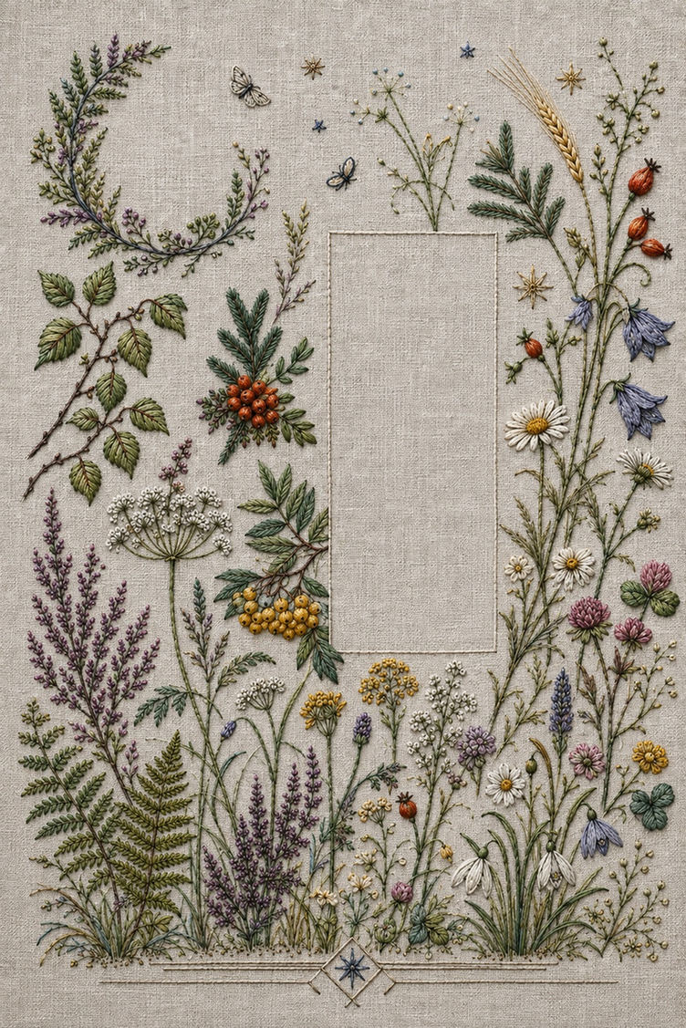 Illustrative embroidery design: Woodland branches, meadow flowers, berries and small geometric forms surround a large clear field.