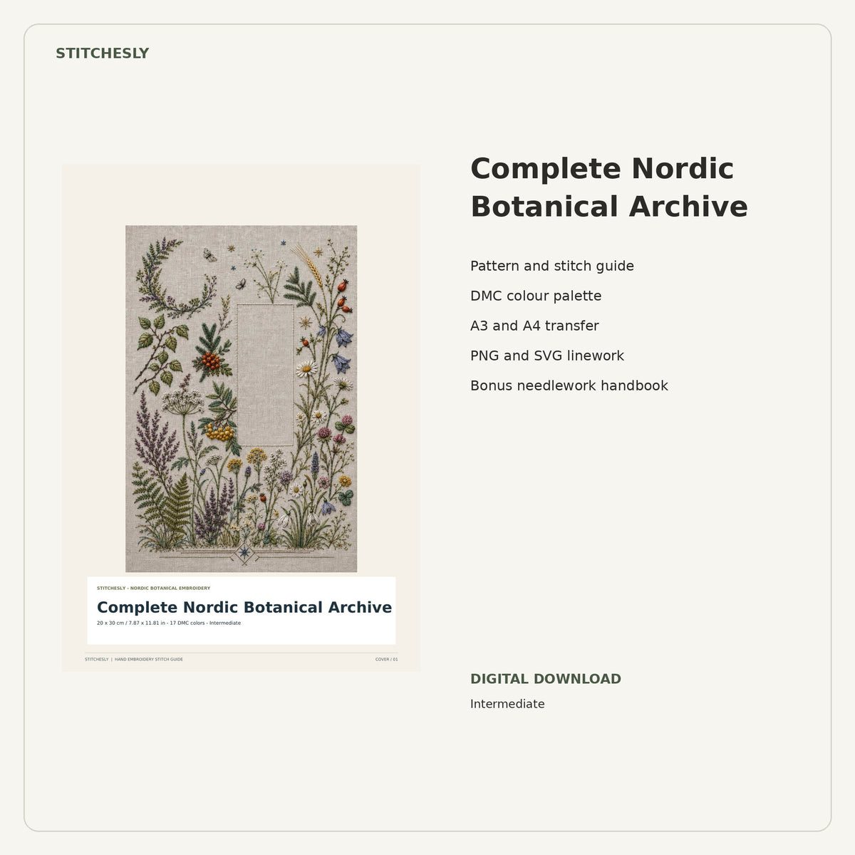 Complete Nordic Botanical Archive PDF stitch guide cover, pattern files and bonus needlework handbook.