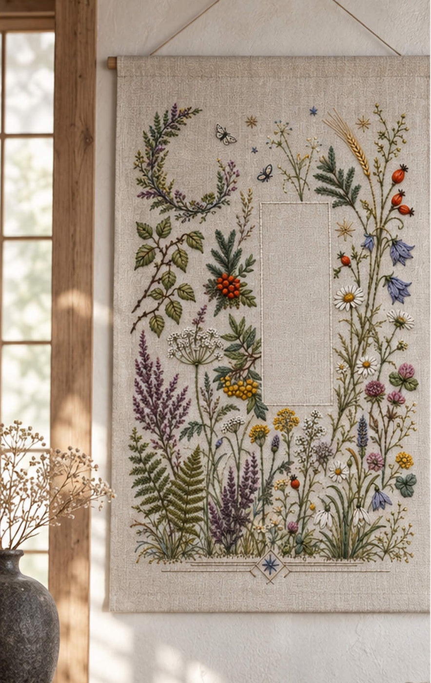 Framed botanical textile mockup featuring the Complete Nordic Botanical Archive hand embroidery design. Woodland branches, meadow flowers, berries and small geometric forms surround a large clear field.