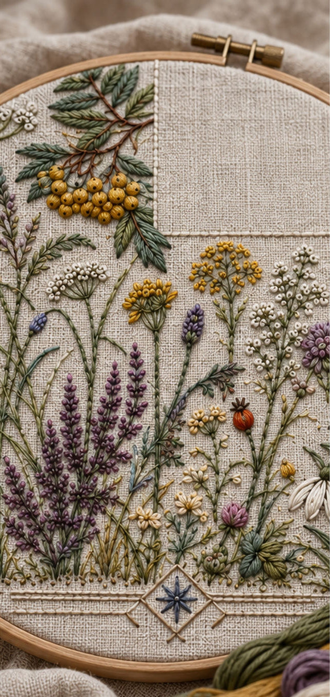 Botanical textile close view mockup featuring the Complete Nordic Botanical Archive hand embroidery design. Woodland branches, meadow flowers, berries and small geometric forms surround a large clear field.