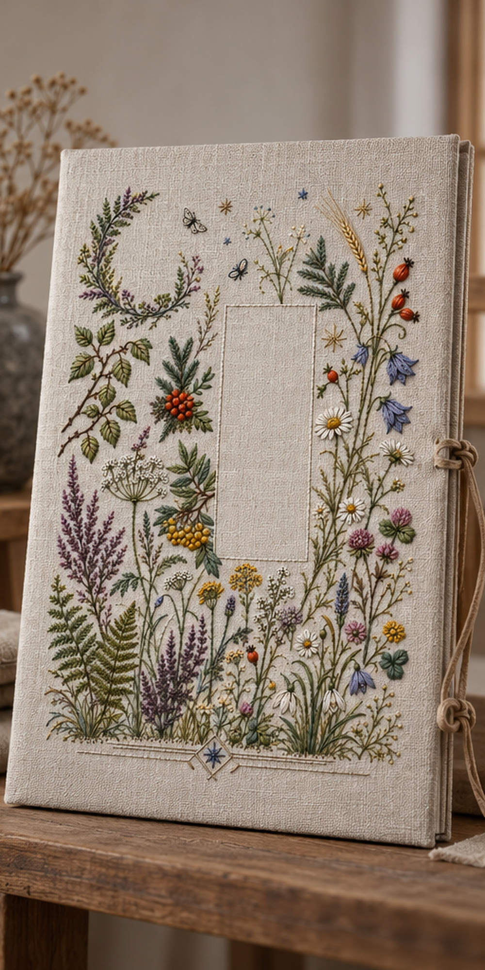Linen cushion mockup featuring the Complete Nordic Botanical Archive hand embroidery design. Woodland branches, meadow flowers, berries and small geometric forms surround a large clear field.