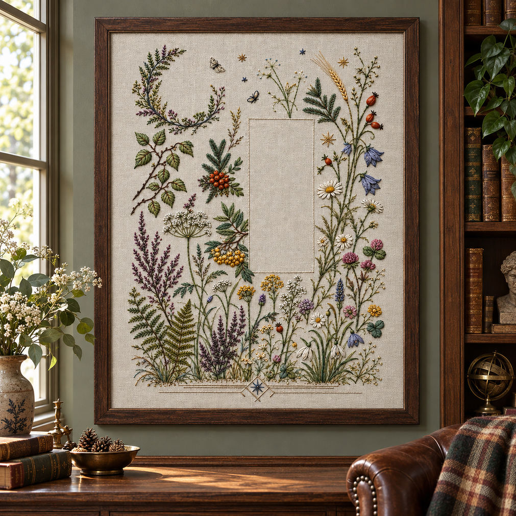 Framed botanical textile mockup featuring the Complete Nordic Botanical Archive hand embroidery design. Woodland branches, meadow flowers, berries and small geometric forms surround a large clear field.