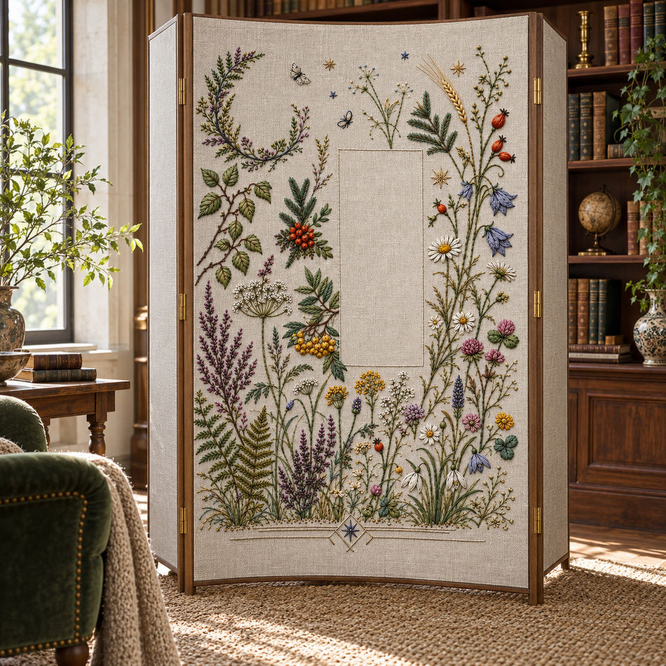Hanging botanical panel mockup featuring the Complete Nordic Botanical Archive hand embroidery design. Woodland branches, meadow flowers, berries and small geometric forms surround a large clear field.