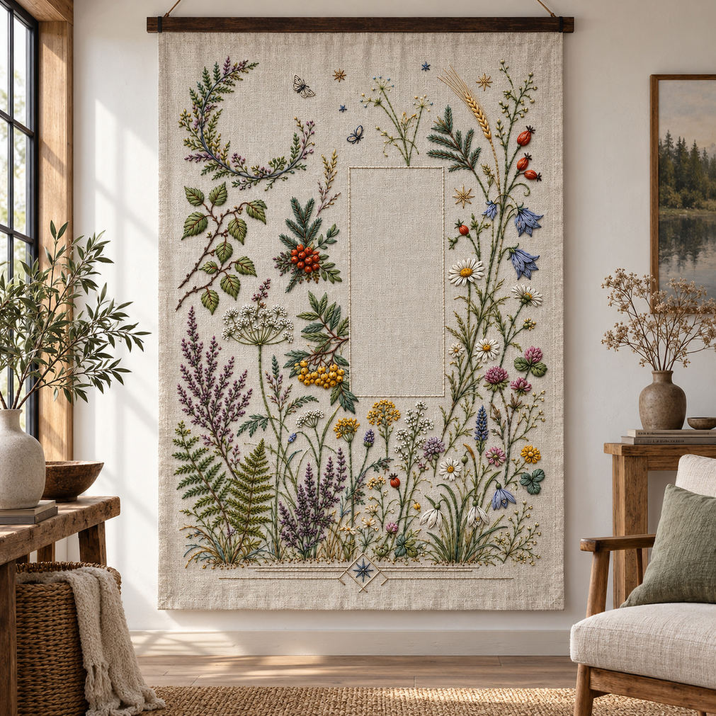 Linen apron mockup featuring the Complete Nordic Botanical Archive hand embroidery design. Woodland branches, meadow flowers, berries and small geometric forms surround a large clear field.
