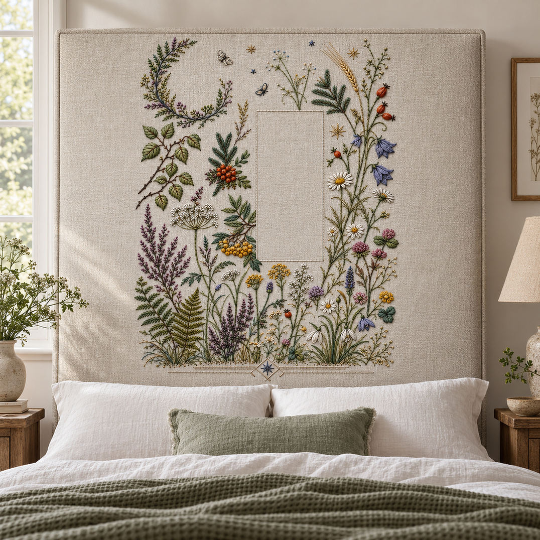 Linen cushion mockup featuring the Complete Nordic Botanical Archive hand embroidery design. Woodland branches, meadow flowers, berries and small geometric forms surround a large clear field.