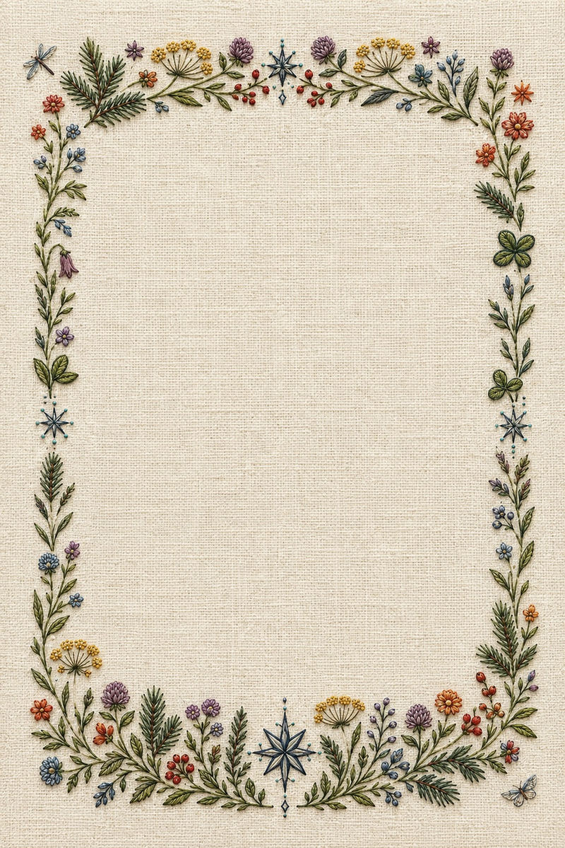Illustrative embroidery design: Meadow flowers, winter greens and compass stars form a four-sided botanical frame.
