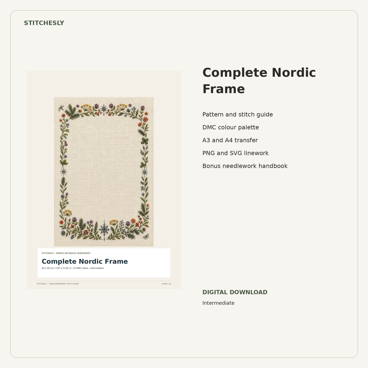 Complete Nordic Frame PDF stitch guide cover, pattern files and bonus needlework handbook.