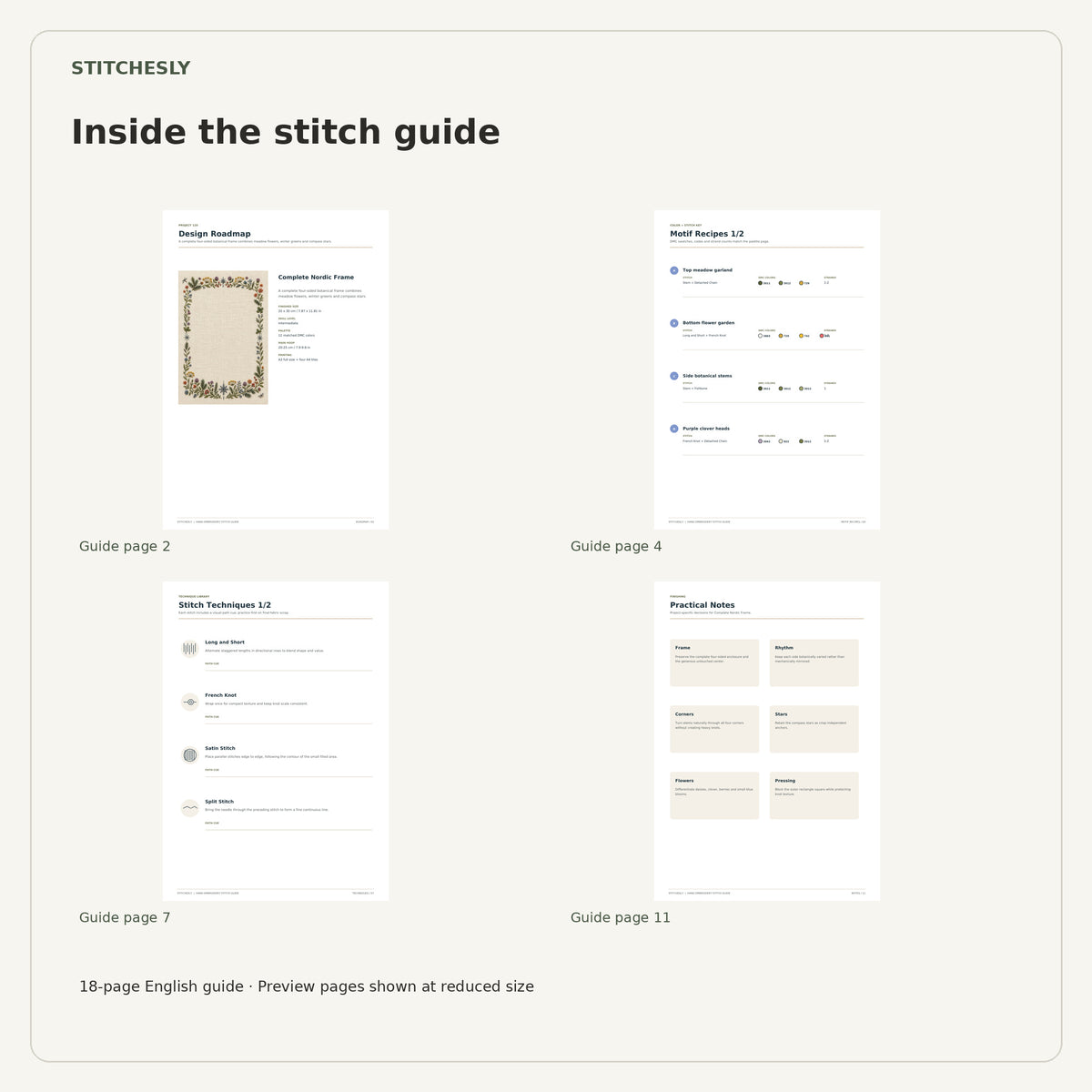 Four reduced-size preview pages from the 18-page Complete Nordic Frame stitch guide.