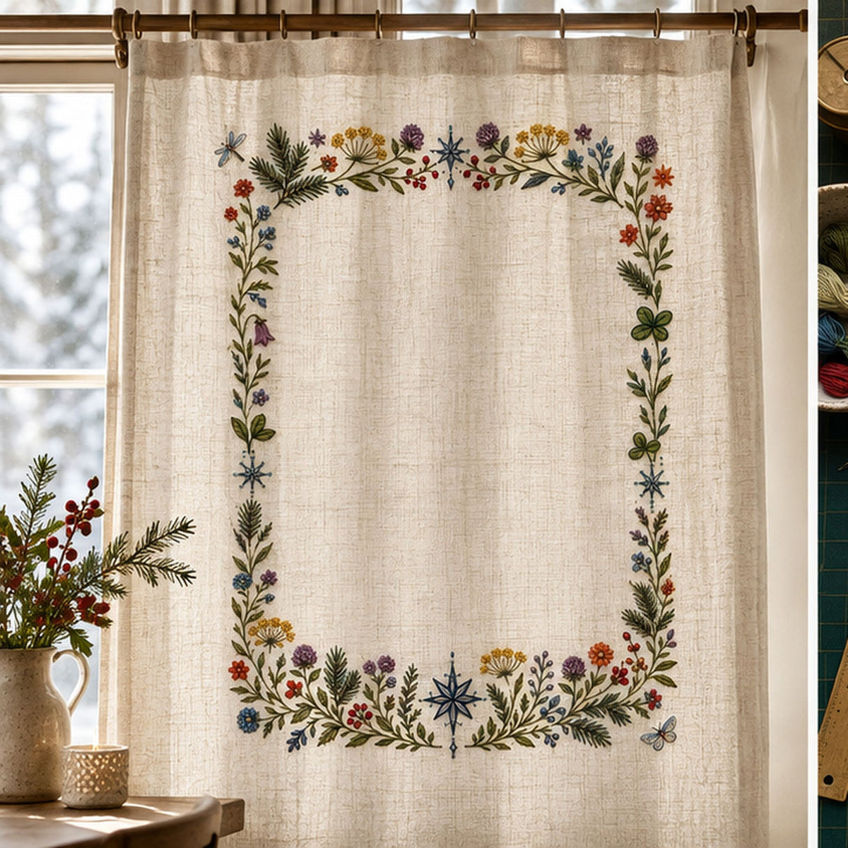Hanging botanical frame mockup featuring the Complete Nordic Frame hand embroidery design. Meadow flowers, winter greens and compass stars form a four-sided botanical frame.