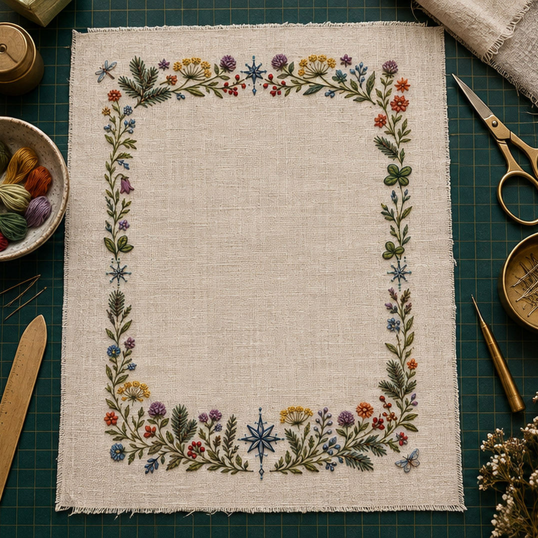 Floral textile flat lay mockup featuring the Complete Nordic Frame hand embroidery design. Meadow flowers, winter greens and compass stars form a four-sided botanical frame.