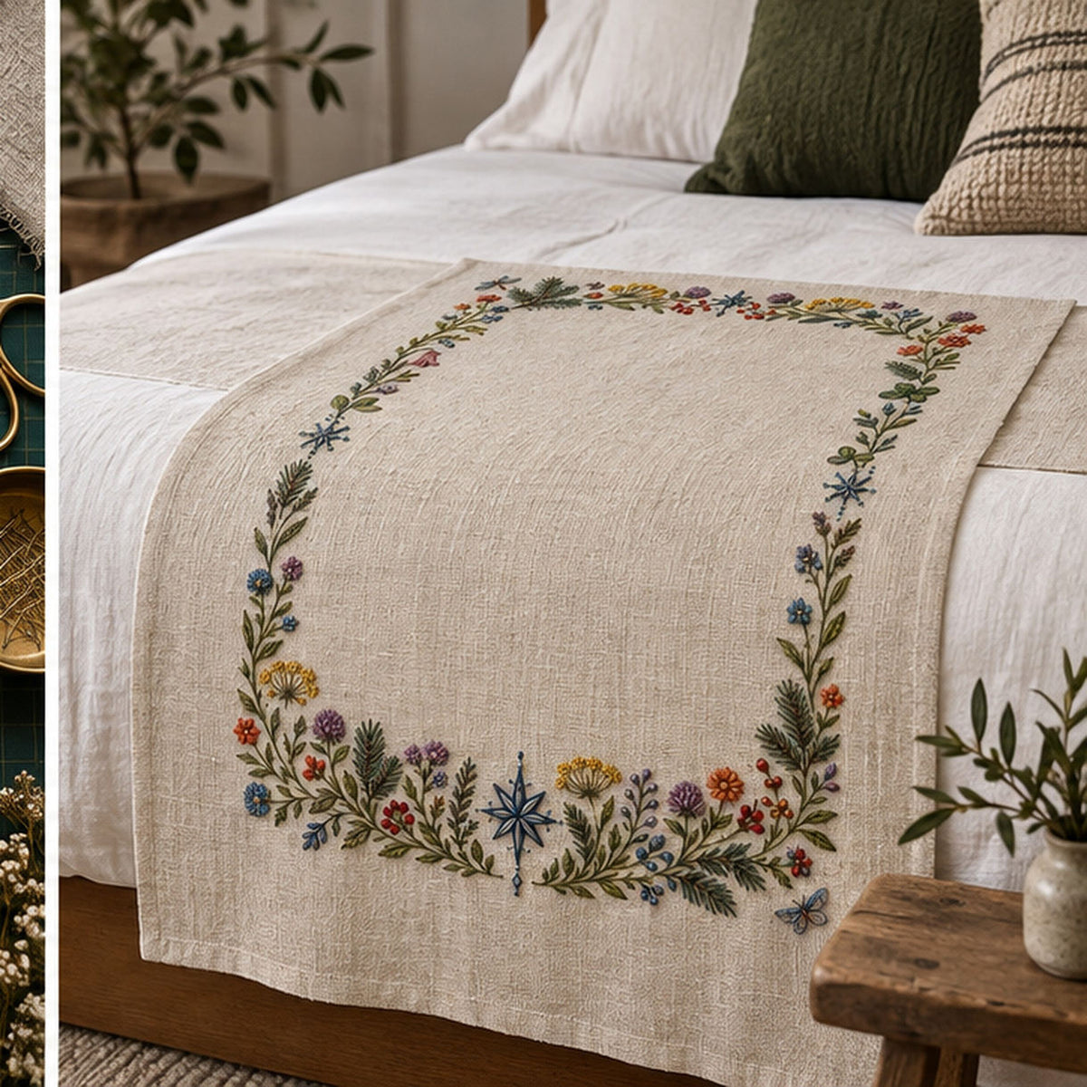 Linen table runner mockup featuring the Complete Nordic Frame hand embroidery design. Meadow flowers, winter greens and compass stars form a four-sided botanical frame.