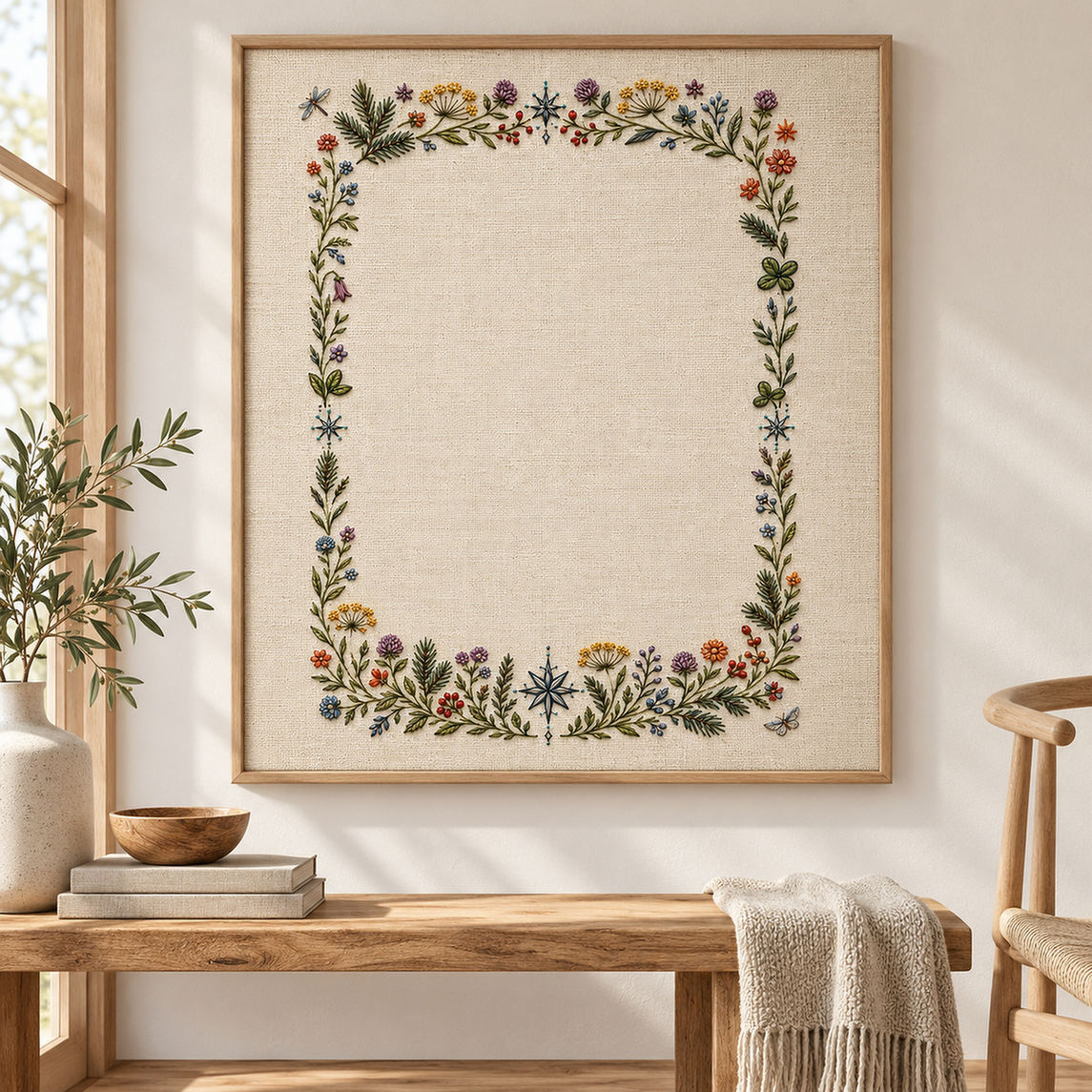 Framed botanical textile mockup featuring the Complete Nordic Frame hand embroidery design. Meadow flowers, winter greens and compass stars form a four-sided botanical frame.