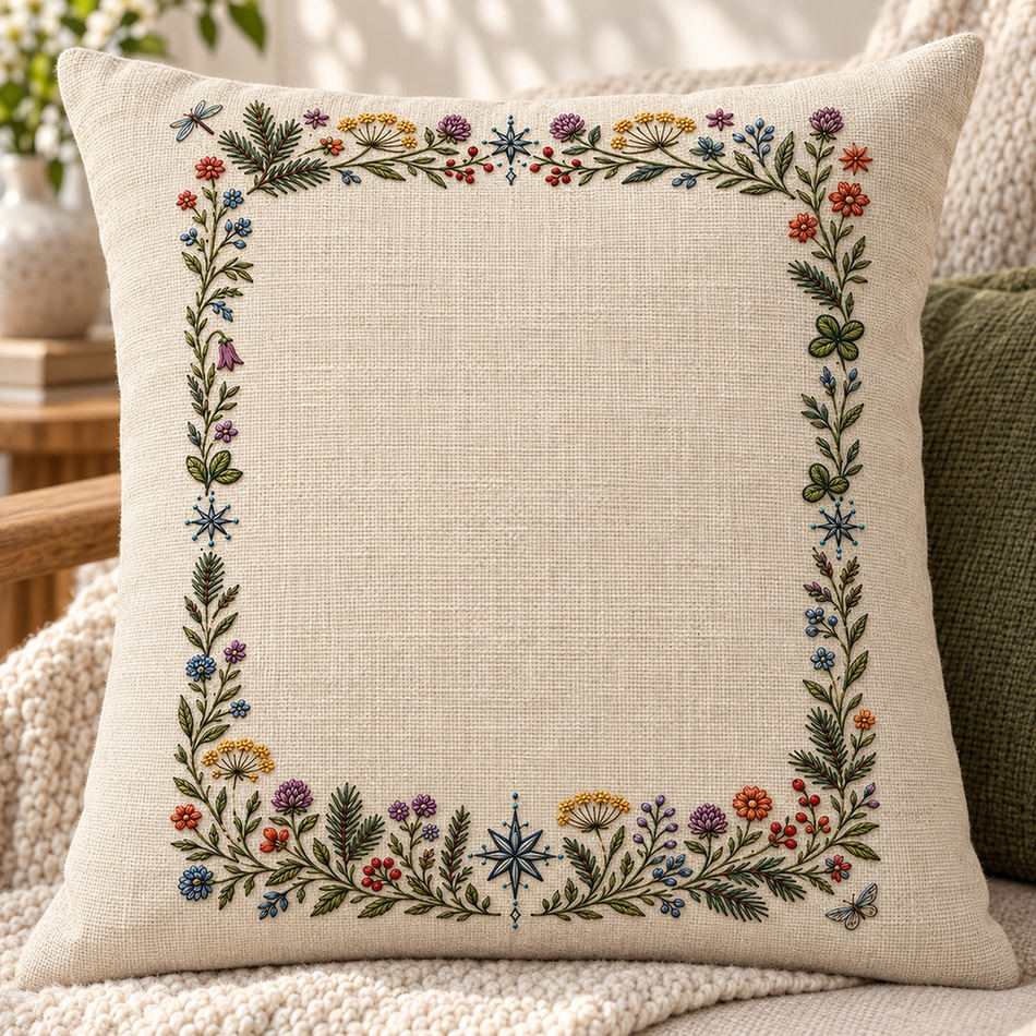 Linen cushion mockup featuring the Complete Nordic Frame hand embroidery design. Meadow flowers, winter greens and compass stars form a four-sided botanical frame.