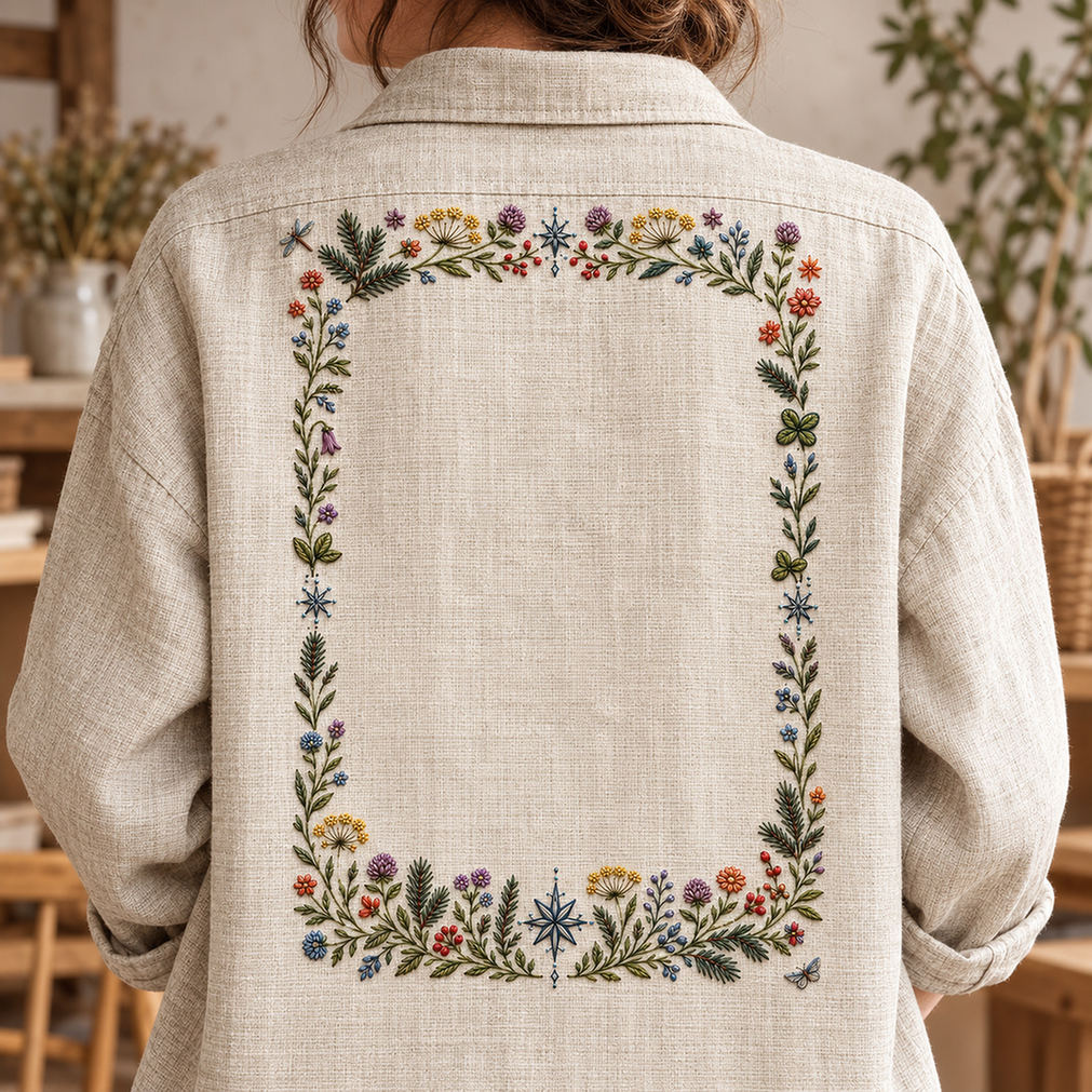 Linen apron mockup featuring the Complete Nordic Frame hand embroidery design. Meadow flowers, winter greens and compass stars form a four-sided botanical frame.