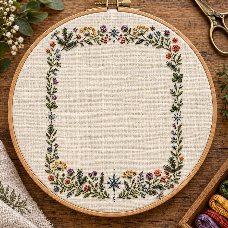 Embroidery hoop mockup featuring the Complete Nordic Frame hand embroidery design. Meadow flowers, winter greens and compass stars form a four-sided botanical frame.