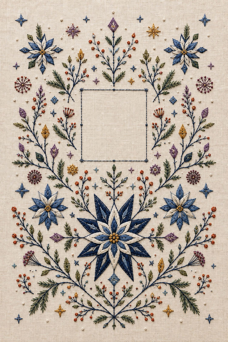 Illustrative embroidery design: Blue starflowers, berry branches and geometric snow marks frame a central square.