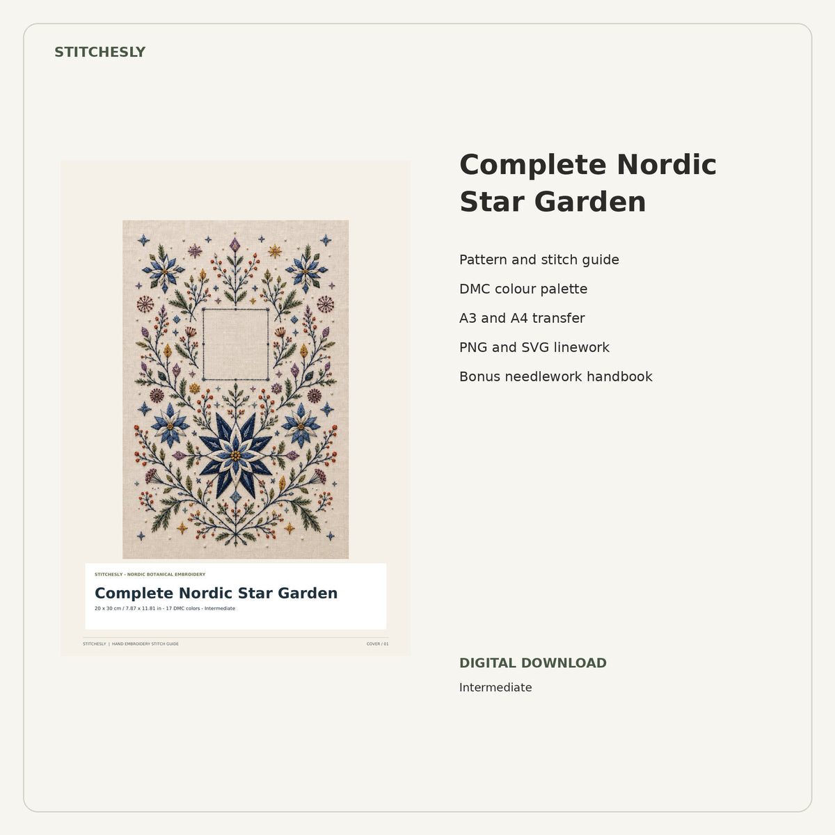 Complete Nordic Star Garden PDF stitch guide cover, pattern files and bonus needlework handbook.