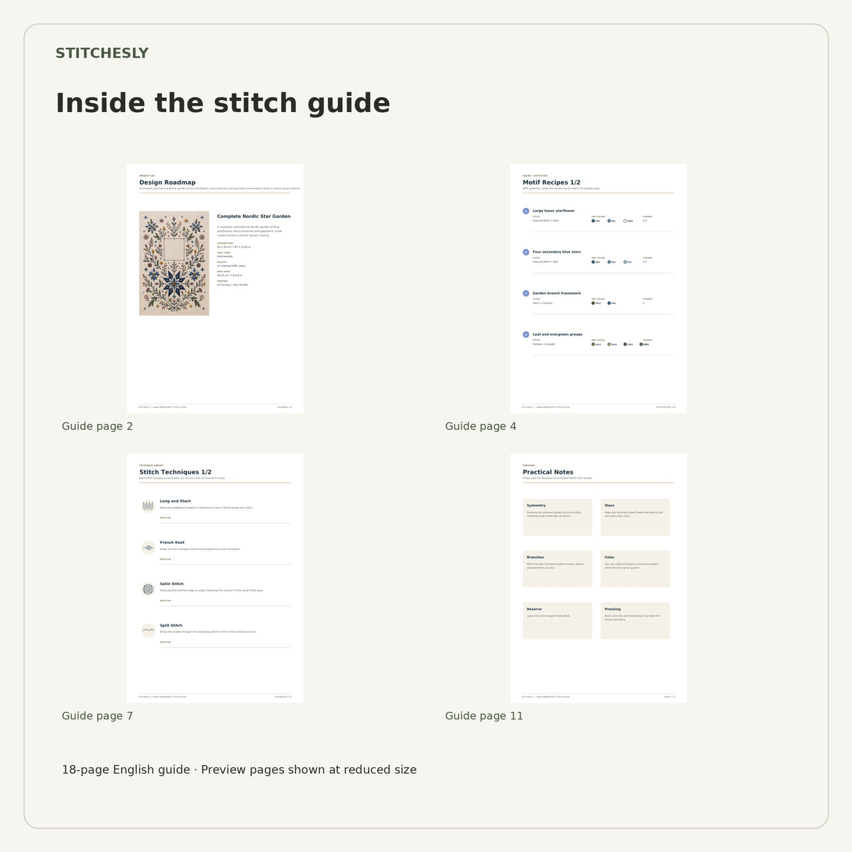 Four reduced-size preview pages from the 18-page Complete Nordic Star Garden stitch guide.