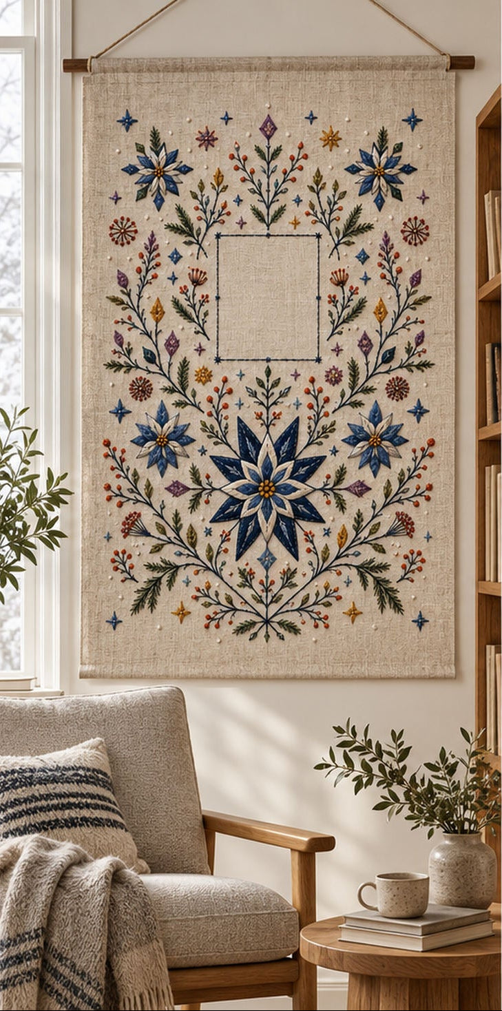 Framed botanical textile mockup featuring the Complete Nordic Star Garden hand embroidery design. Blue starflowers, berry branches and geometric snow marks frame a central square.
