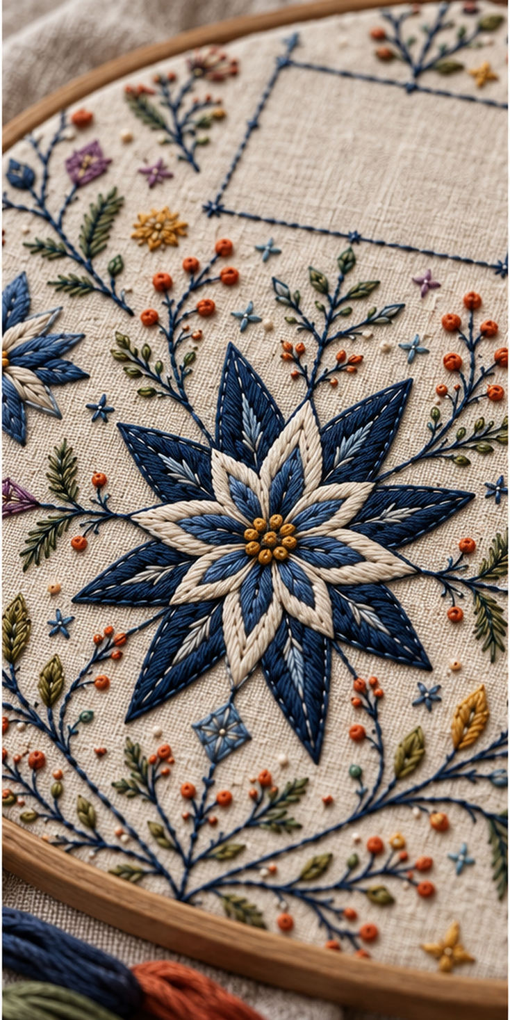Botanical textile flat lay mockup featuring the Complete Nordic Star Garden hand embroidery design. Blue starflowers, berry branches and geometric snow marks frame a central square.