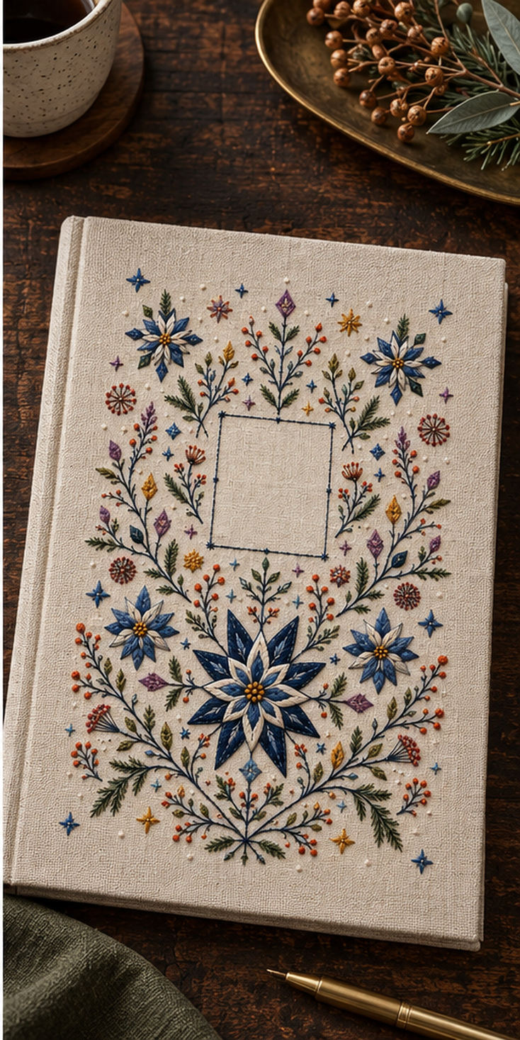 Linen tote bag mockup featuring the Complete Nordic Star Garden hand embroidery design. Blue starflowers, berry branches and geometric snow marks frame a central square.