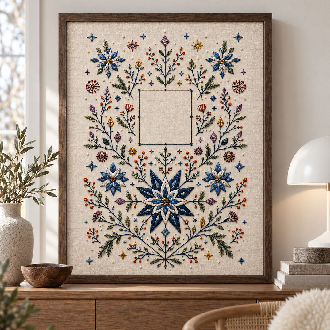 Linen dress mockup featuring the Complete Nordic Star Garden hand embroidery design. Blue starflowers, berry branches and geometric snow marks frame a central square.