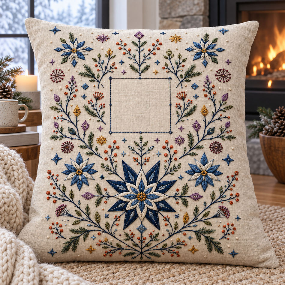 Hanging botanical panel mockup featuring the Complete Nordic Star Garden hand embroidery design. Blue starflowers, berry branches and geometric snow marks frame a central square.
