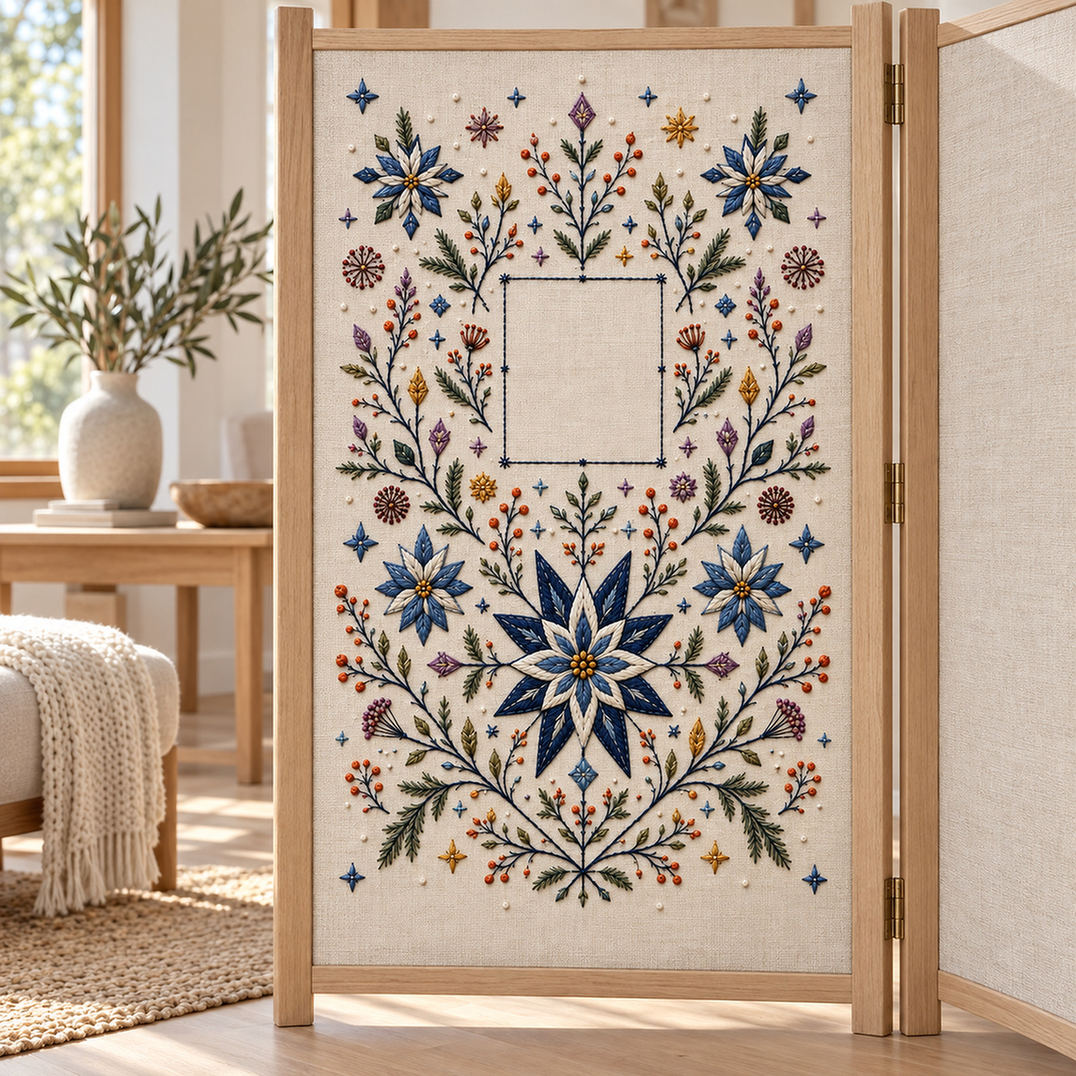 Framed botanical textile mockup featuring the Complete Nordic Star Garden hand embroidery design. Blue starflowers, berry branches and geometric snow marks frame a central square.