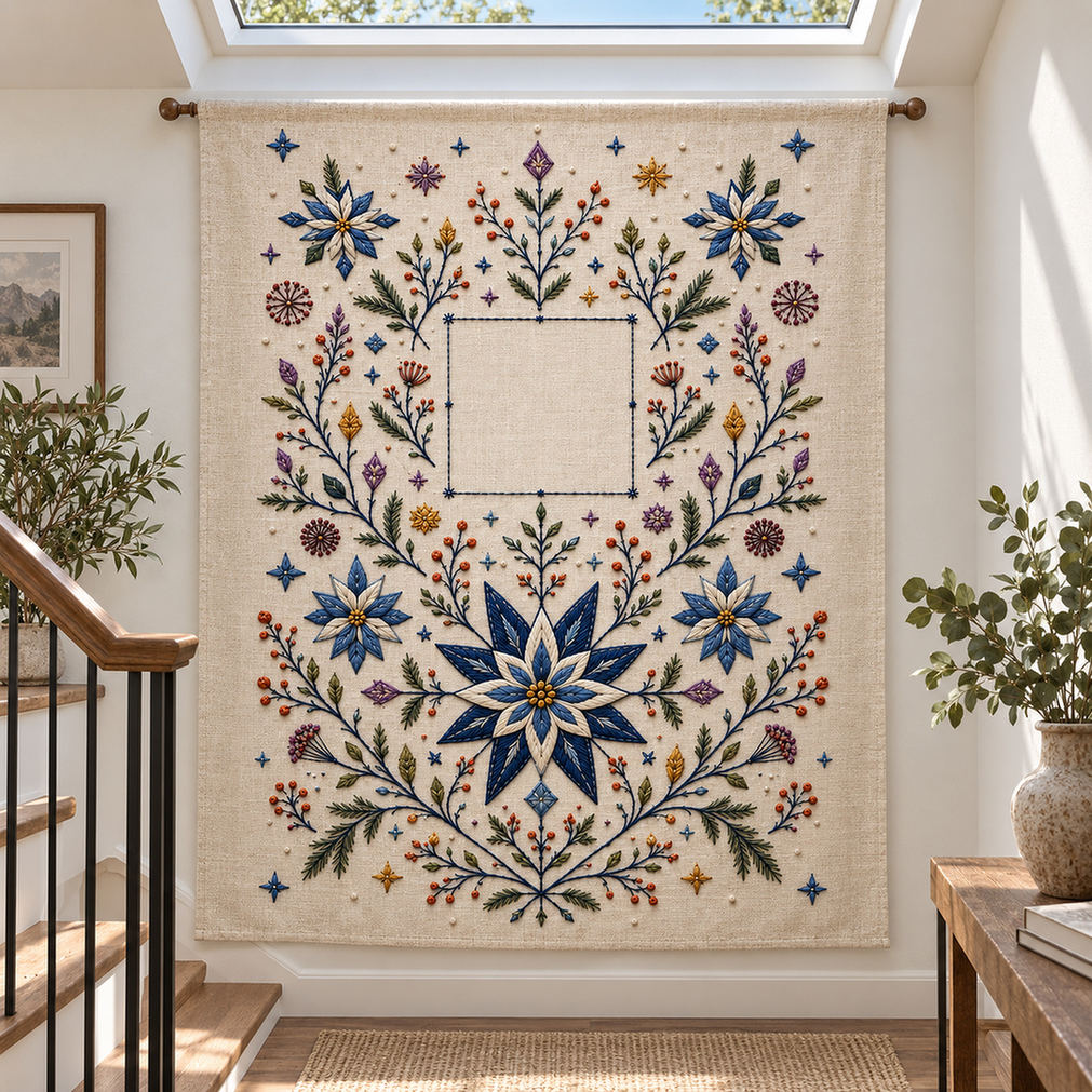 Linen apron mockup featuring the Complete Nordic Star Garden hand embroidery design. Blue starflowers, berry branches and geometric snow marks frame a central square.