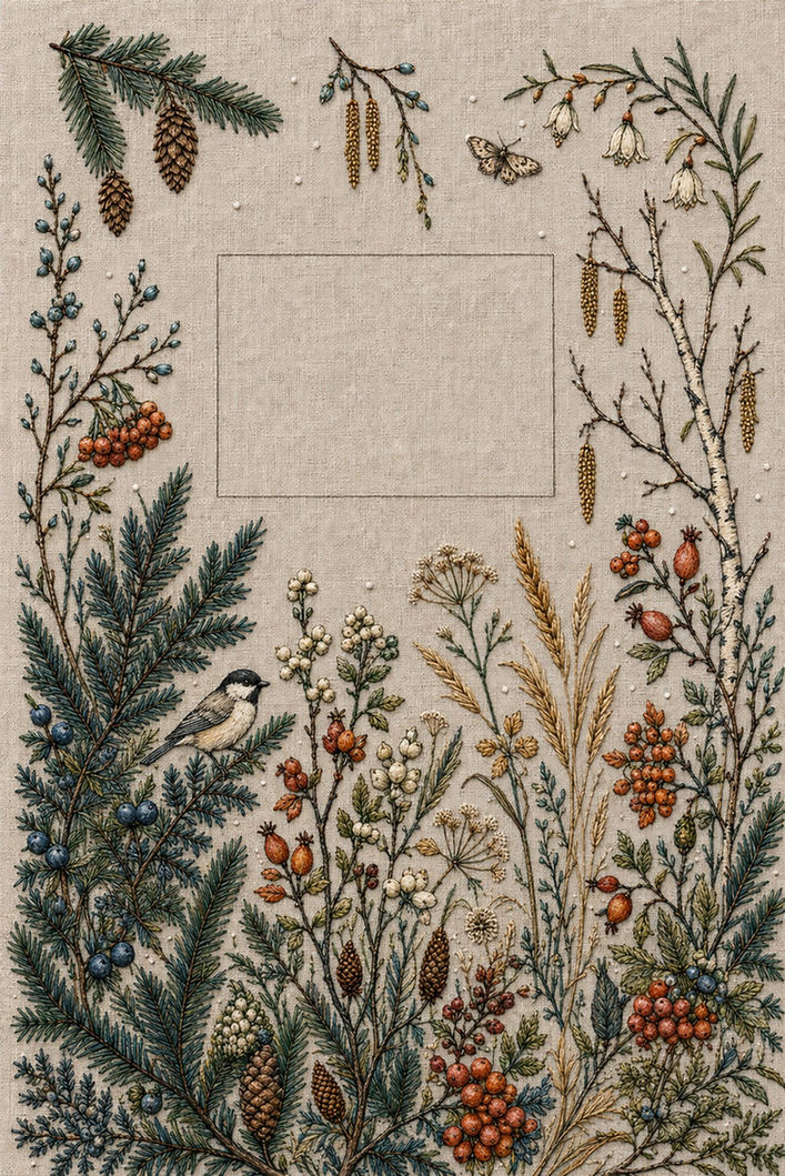Illustrative embroidery design: Spruce, berries, grasses and flowers build a winter garden with small bird and butterfly details.