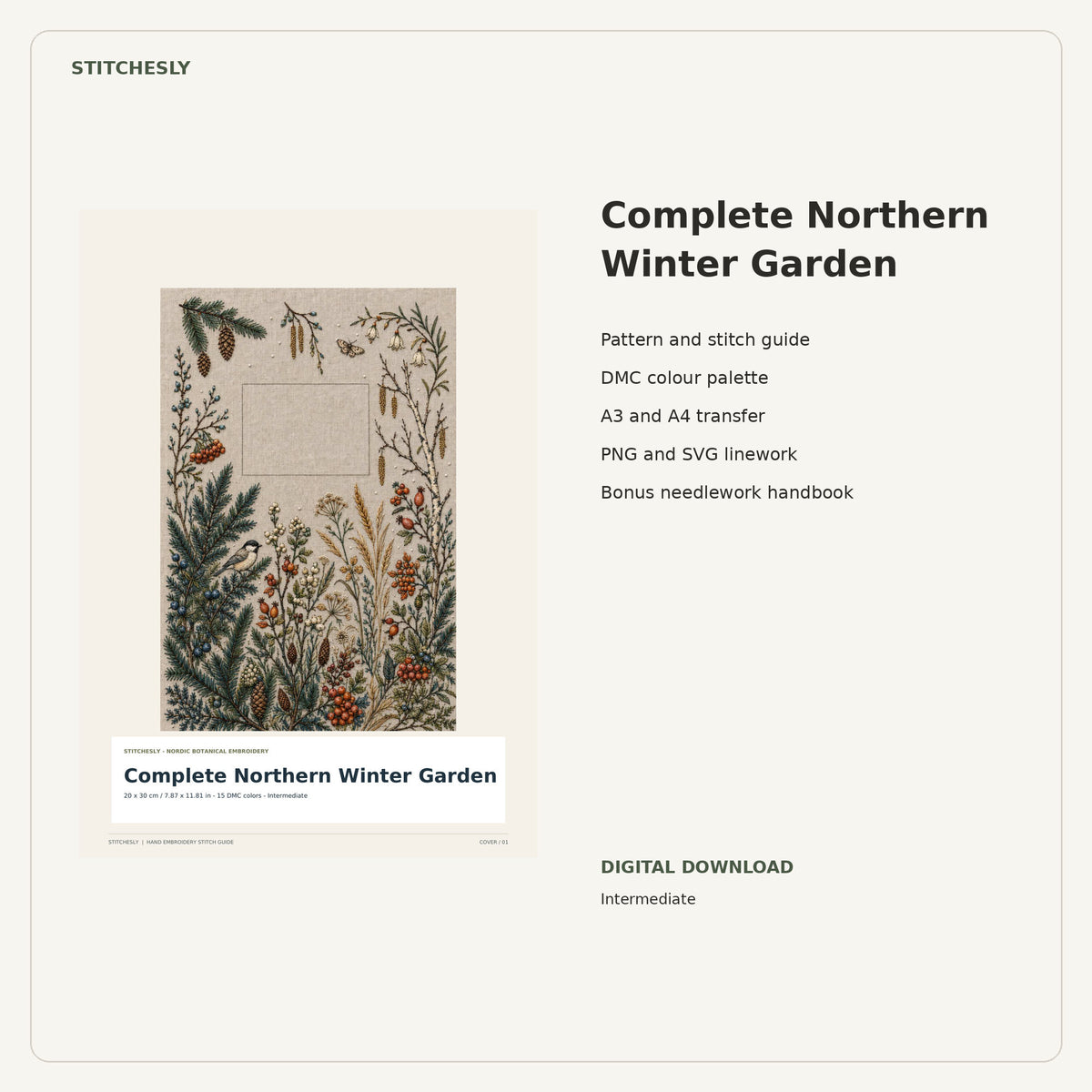 Complete Northern Winter Garden PDF stitch guide cover, pattern files and bonus needlework handbook.
